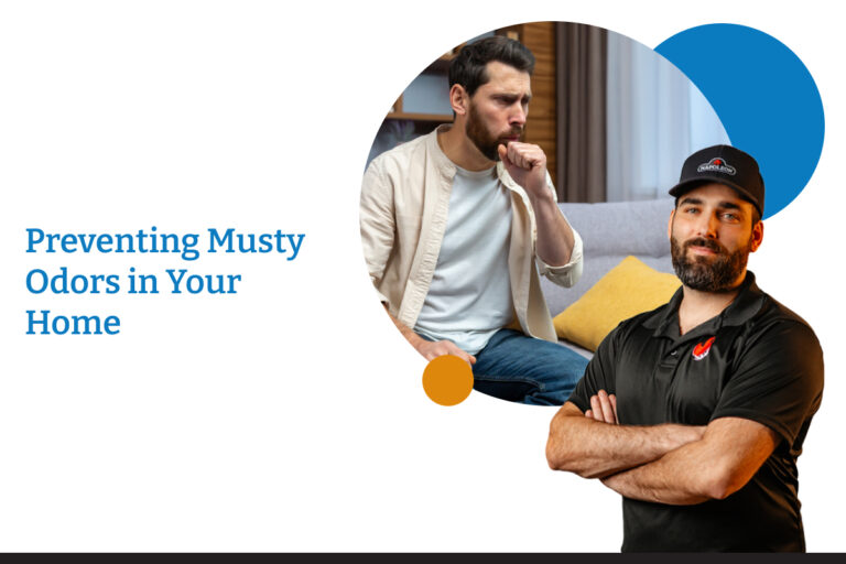 A man sitting on a couch coughs in disgust. Winnipeg Duct Cleaning is ready to help you dispel and prevent odors in your home.