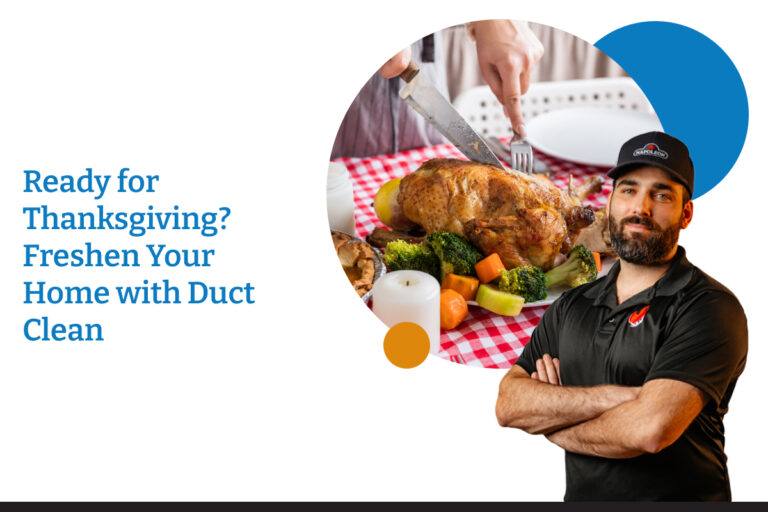 Technician stands confidently beside a holiday turkey dinner, highlighting clean ducts for a healthier home. Winnipeg Duct Cleaning promotes fresh indoor air before Thanksgiving.