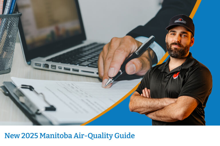 A technician stands in front of a man going over a checklist with a laptop beside him. Winnipeg Duct Cleaning is ready to help you understand the Manitoba Air Quality Regulations.