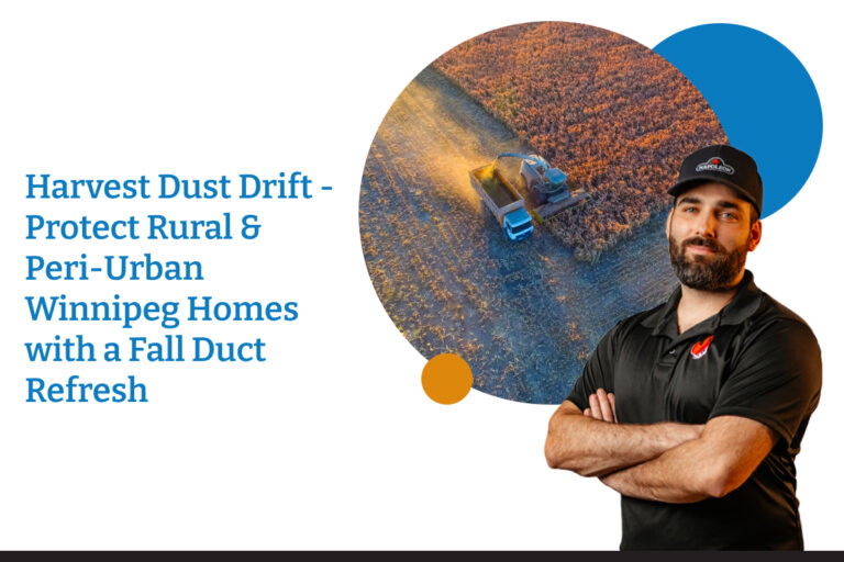 A technician stands proudly next to a combine and dump truck during harvest season. Winnipeg Duct Cleaning is ready to help you filter out the dust and debris from nearby fields.